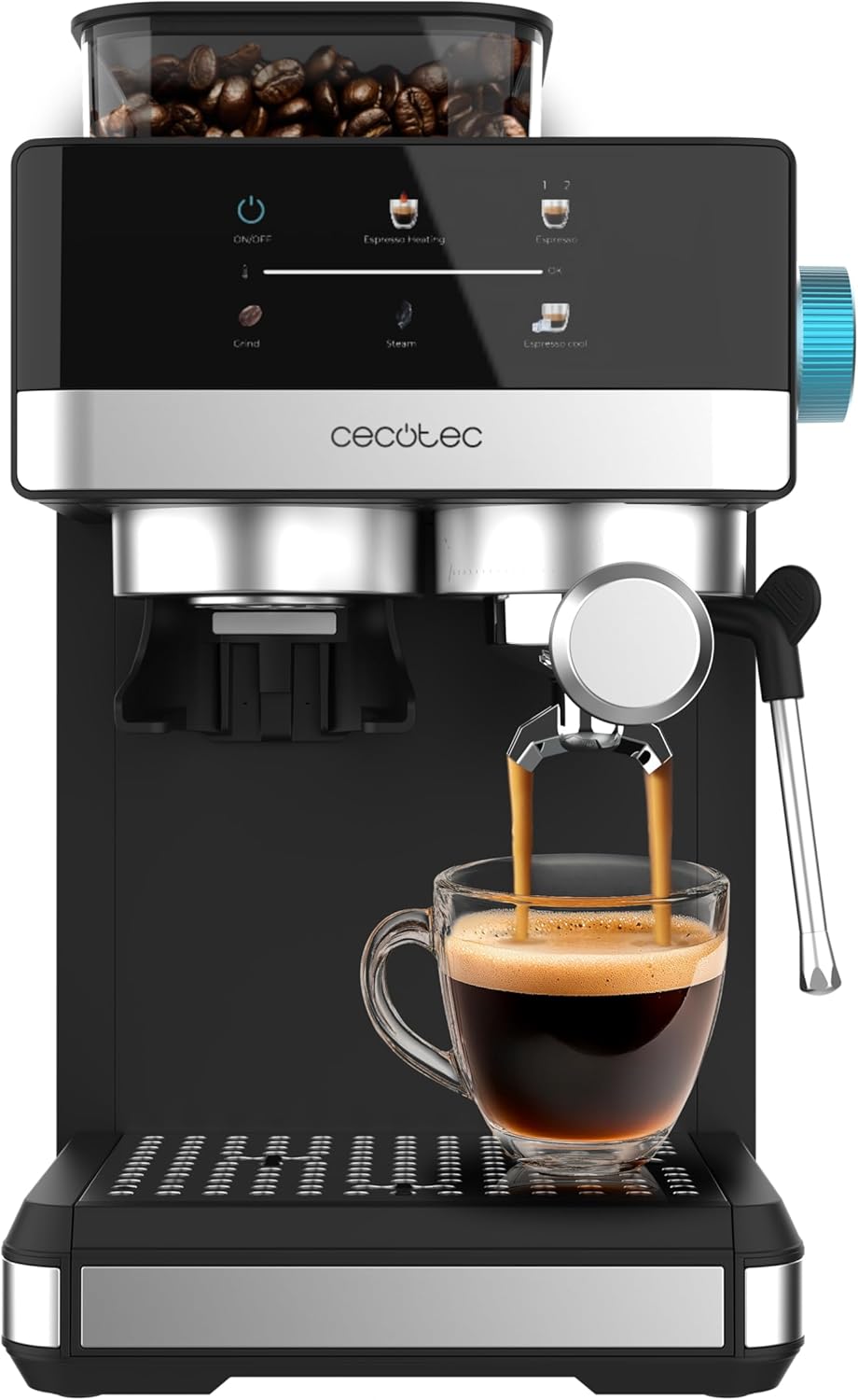 Cecotec Power Espresso 20 Grind+. 1350W, 20 Bares, Pantalla Táctil, Thermoblock, Depósito 1,7L, 20 Niveles de Molienda, Espumador de Leche